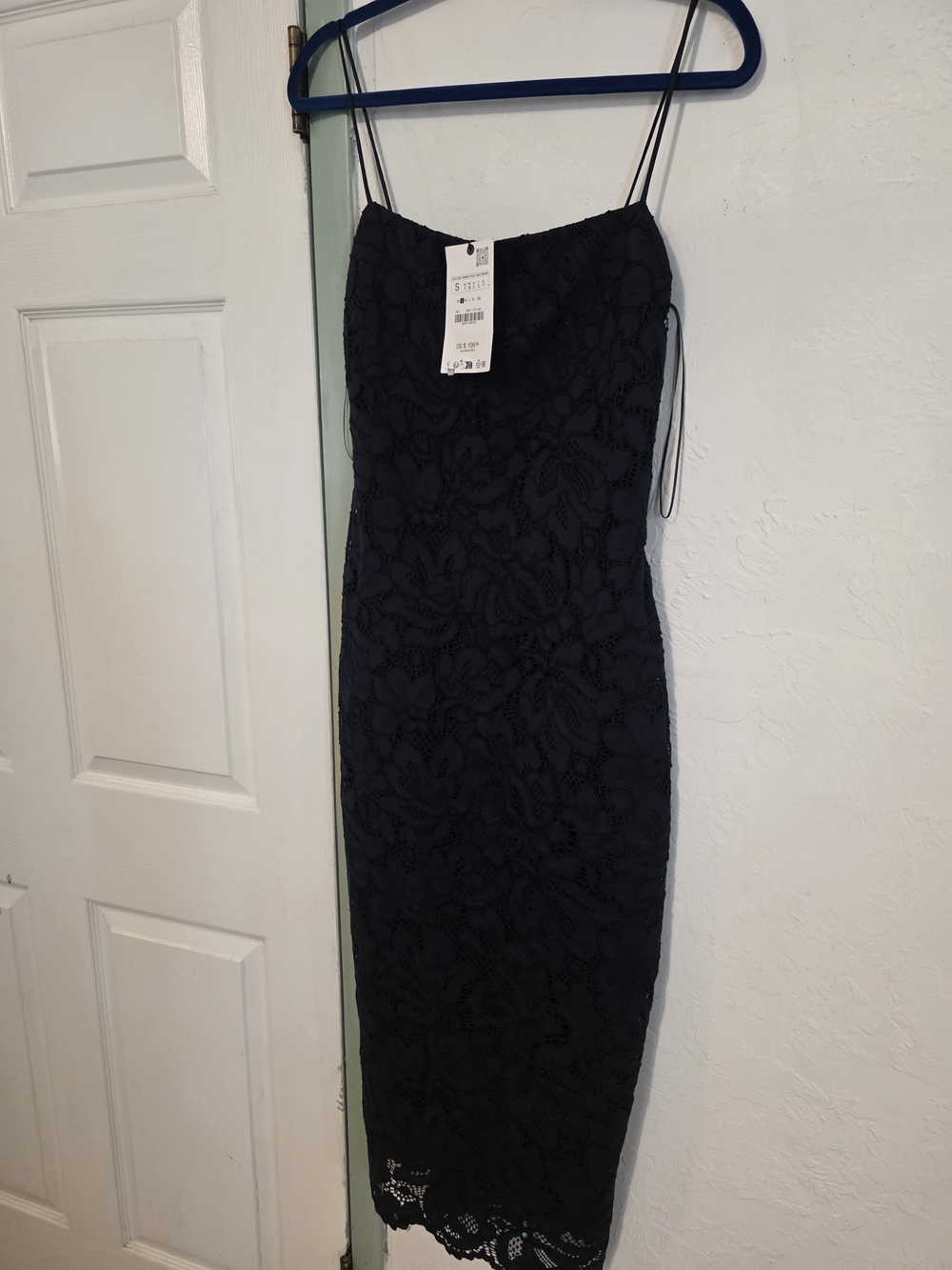 Zara Blue Lace Midi Slip Dress with Spaghetti Straps